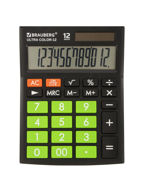 Калькулятор настольный BRAUBERG ULTRA COLOR-12-BKLG (192x143 мм), 12 разрядов, двойное питание, ЧЕРНО-САЛАТОВЫЙ, 250498