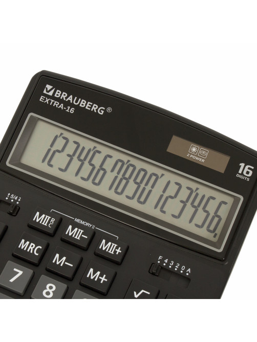 Калькулятор настольный BRAUBERG EXTRA-16-BK (206x155 мм), 16 разрядов, двойное питание, ЧЕРНЫЙ, 250475