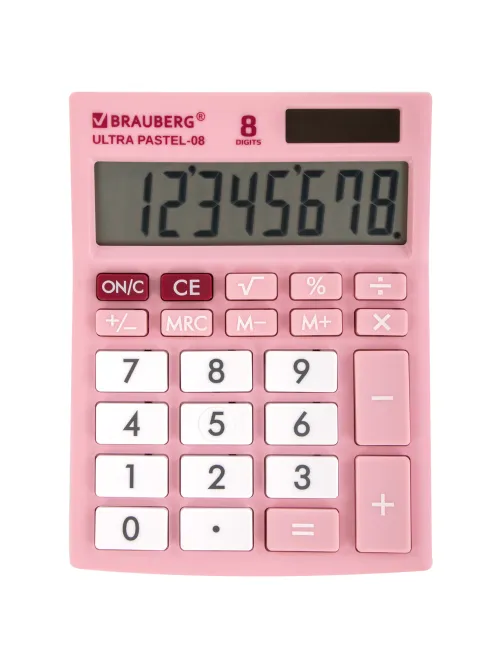 Калькулятор настольный BRAUBERG ULTRA PASTEL-08-PK, КОМПАКТНЫЙ (154x115 мм), 8 разрядов, двойное питание, РОЗОВЫЙ, 250514
