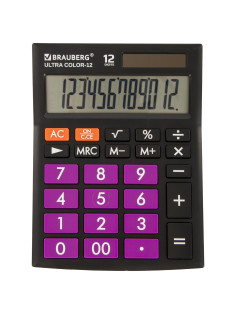 Калькулятор настольный BRAUBERG ULTRA COLOR-12-BKPR (192x143 мм), 12 разрядов, двойное питание, ЧЕРНО-ФИОЛЕТОВЫЙ, 250501