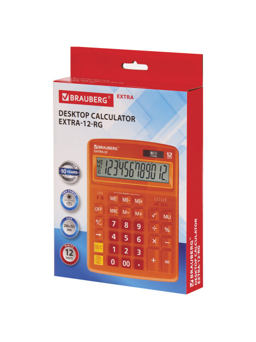 Калькулятор настольный BRAUBERG EXTRA-12-RG (206x155 мм), 12 разрядов, двойное питание, ОРАНЖЕВЫЙ, 250485