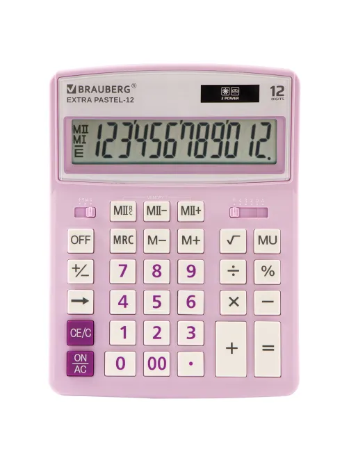 Калькулятор настольный BRAUBERG EXTRA PASTEL-12-PR (206x155 мм), 12 разрядов, двойное питание, СИРЕНЕВЫЙ, 250489