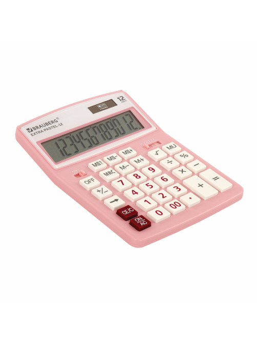 Калькулятор настольный BRAUBERG EXTRA PASTEL-12-PK (206x155 мм), 12 разрядов, двойное питание, РОЗОВЫЙ, 250487