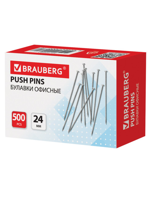 Булавки универсальные BRAUBERG, 24 мм, 500 штук, в картонной коробке, 220562