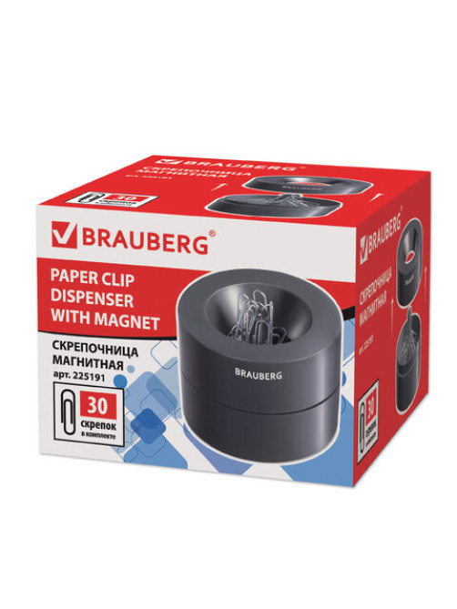 Скрепочница магнитная BRAUBERG с 30 скрепками, большой бочонок, черная, 225191