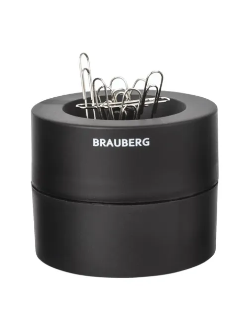 Скрепочница магнитная BRAUBERG с 30 скрепками, большой бочонок, черная, 225191