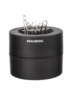 Скрепочница магнитная BRAUBERG с 30 скрепками, большой бочонок, черная, 225191