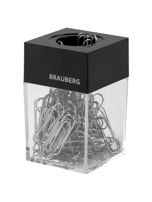 Скрепочница магнитная BRAUBERG со 100 никелированными скрепками 28 мм, прозрачный корпус, 228400