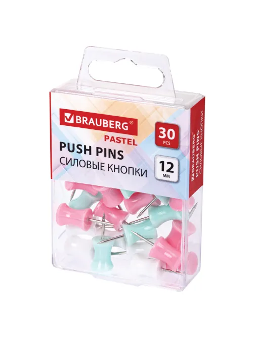 Силовые кнопки-гвоздики BRAUBERG PASTEL, пастельные цвета, 30 штук, 12 мм, 272756