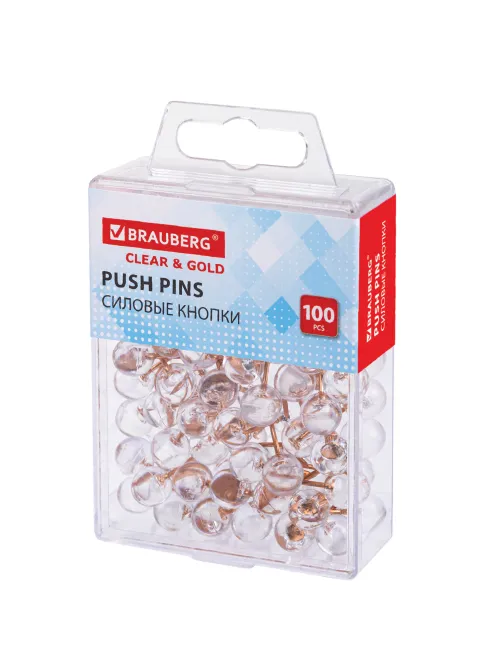Силовые кнопки-гвоздики BRAUBERG CLEAR & GOLD, прозрачные с золотистым (шарики), 100 штук, 11 мм, 272760