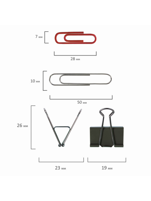 Набор BRAUBERG, зажимы 19 мм/15 шт., скрепки 28 мм/145 шт. и 50 мм/50 шт., резинки 40 шт., 223515