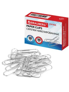 Скрепки большие EXTRA BRAUBERG 50 мм никелированные 50 штук, 271314