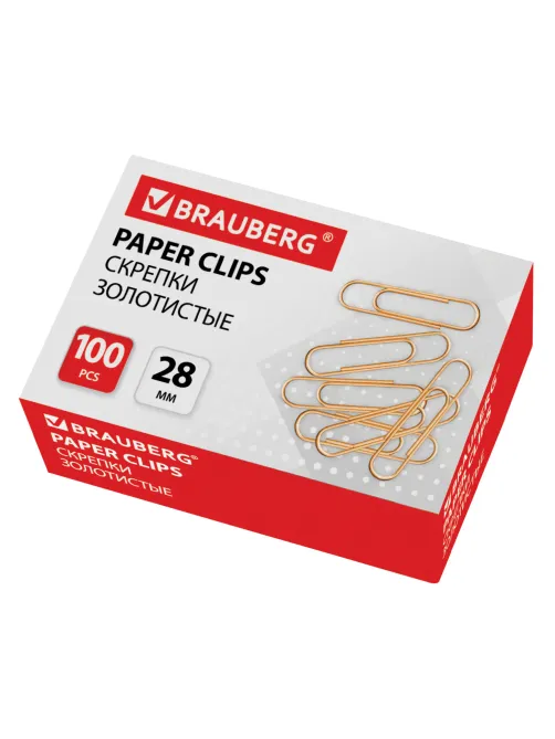 Скрепки BRAUBERG, 28 мм, золотистые, 100 шт., в картонной коробке, 221529