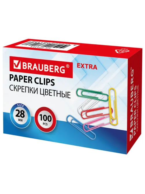 Скрепки EXTRA BRAUBERG 28 мм цветные 100 штук, 271313