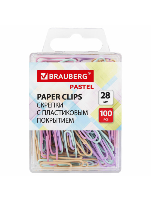 Скрепки BRAUBERG PASTEL, 28 мм, пастельные цвета, 100 шт., в пластиковой коробке, 271956