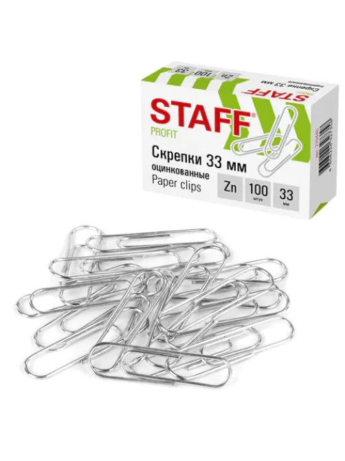 Скрепки STAFF, 33 мм, оцинкованные, 100 шт., в картонной коробке, 270445