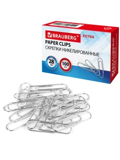Скрепки EXTRA BRAUBERG 28 мм никелированные 100 штук, 271312