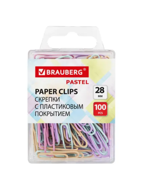 Скрепки BRAUBERG PASTEL, 28 мм, пастельные цвета, 100 шт., в пластиковой коробке, 271956