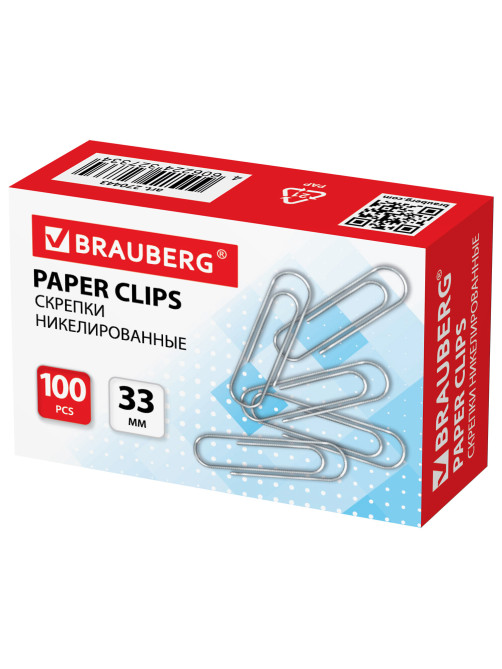 Скрепки BRAUBERG, 33 мм, никелированные, 100 шт., в картонной коробке, 270443