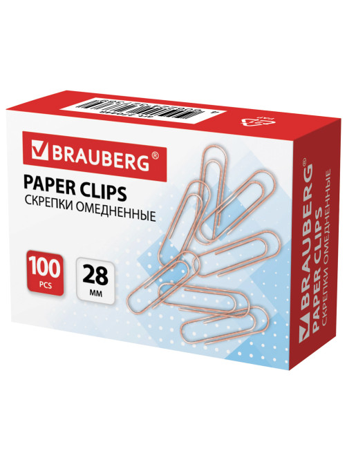 Скрепки BRAUBERG, 28 мм, омедненные, 100 шт., в картонной коробке, 270448