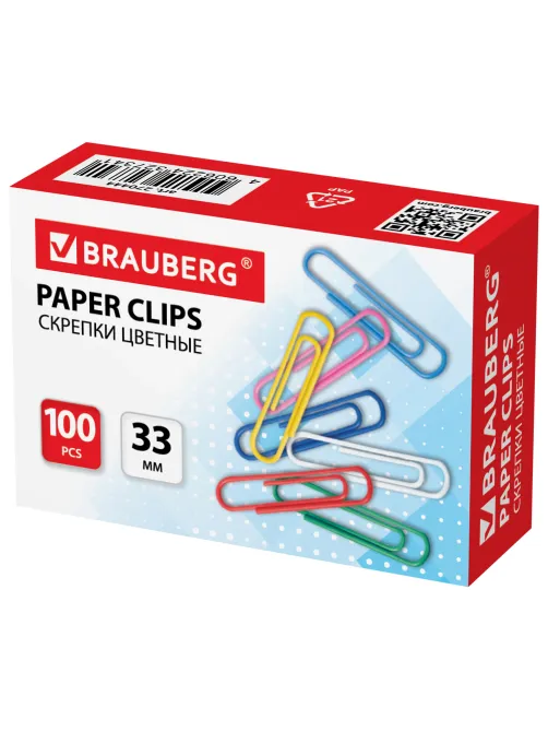 Скрепки BRAUBERG, 33 мм, цветные, 100 шт., в картонной коробке, 270444