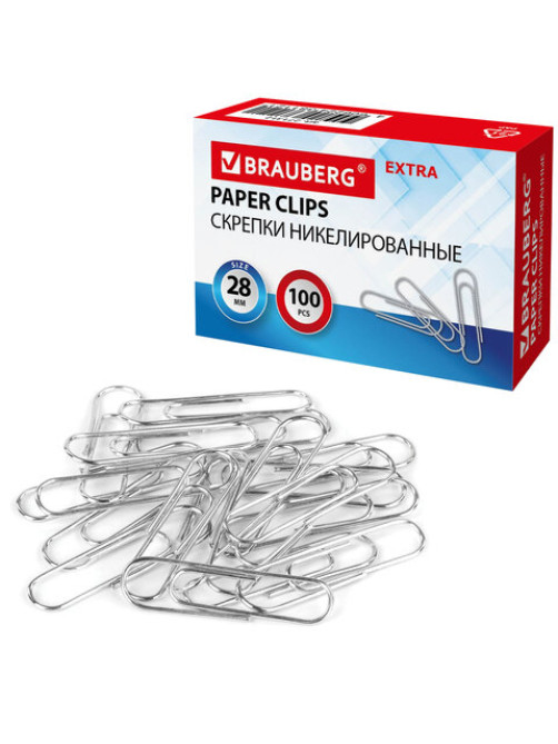 Скрепки EXTRA BRAUBERG 28 мм никелированные 100 штук, 271312