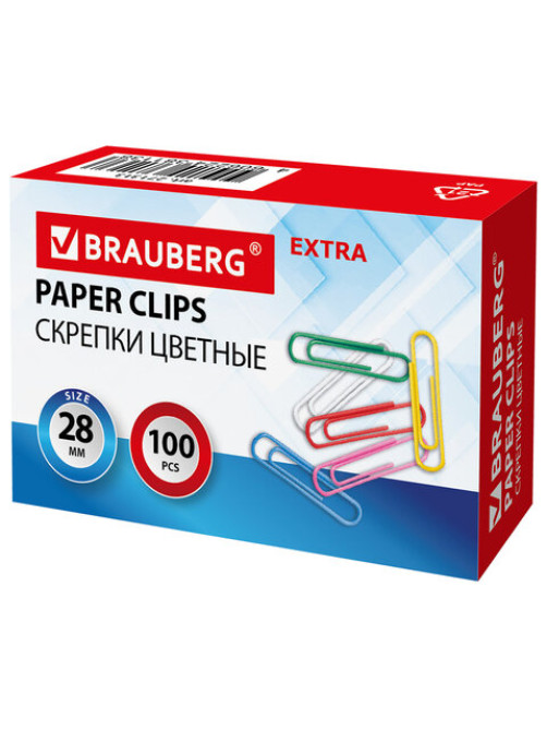 Скрепки EXTRA BRAUBERG 28 мм цветные 100 штук, 271313