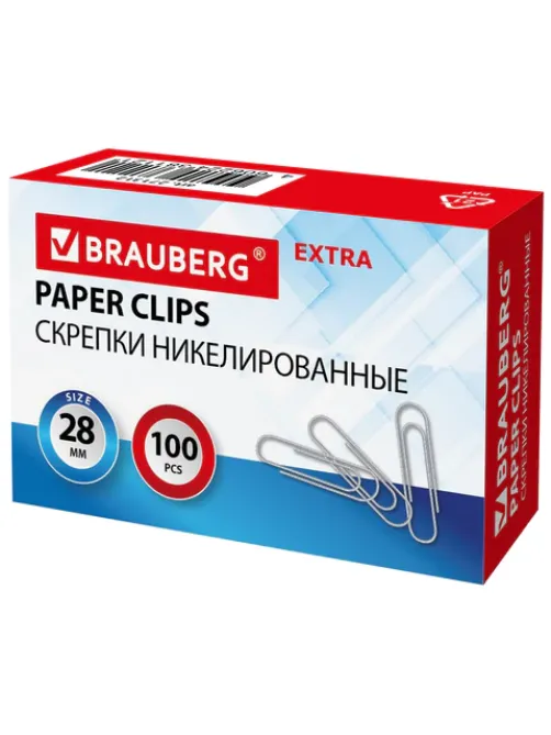 Скрепки EXTRA BRAUBERG 28 мм никелированные 100 штук, 271312