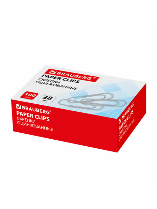 Скрепки BRAUBERG, 28 мм, оцинкованные, 100 шт., в картонной коробке, 227583