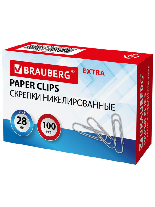 Скрепки EXTRA BRAUBERG 28 мм никелированные 100 штук, 271312