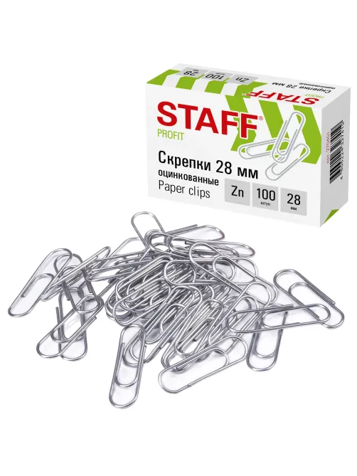Скрепки STAFF, 28 мм, оцинкованные, 100 шт., в картонной коробке, 270451