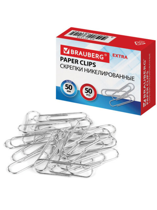 Скрепки большие EXTRA BRAUBERG 50 мм никелированные 50 штук, 271314