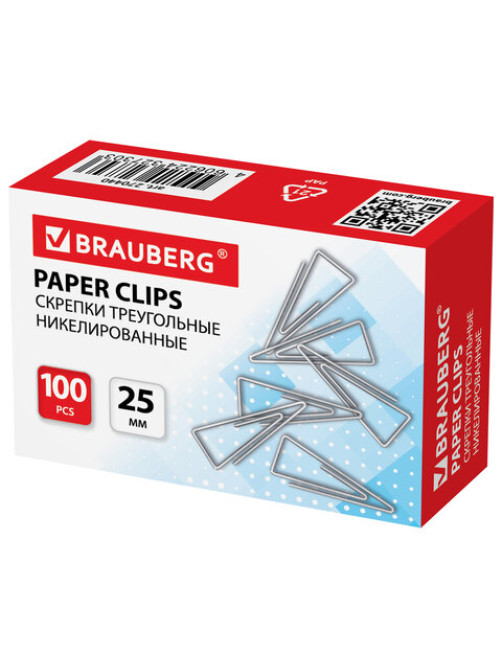 Скрепки BRAUBERG, 25 мм, никелированные, треугольные, 100 шт., в картонной коробке, 270440