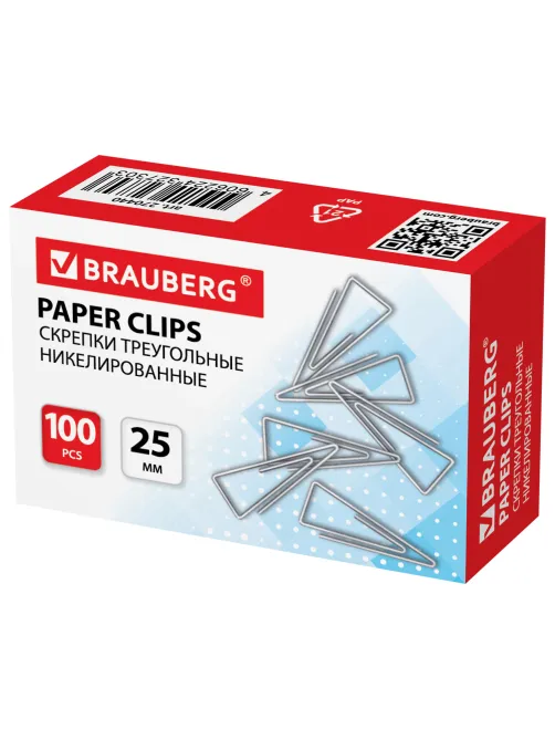 Скрепки BRAUBERG, 25 мм, никелированные, треугольные, 100 шт., в картонной коробке, 270440