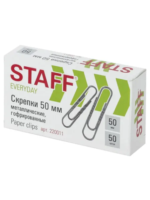 Скрепки большие 50 мм гофрированные 50 шт., STAFF 