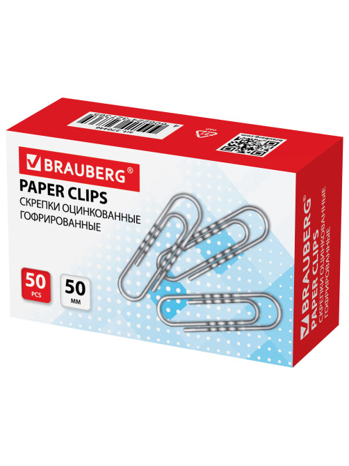 Скрепки большие 50 мм, BRAUBERG, оцинкованные, гофрированные, 50 шт., в картонной коробке, 270446