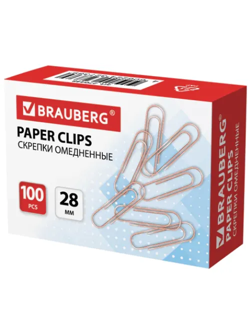 Скрепки BRAUBERG, 28 мм, омедненные, 100 шт., в картонной коробке, 270448