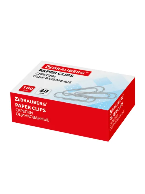 Скрепки BRAUBERG, 28 мм, оцинкованные, 100 шт., в картонной коробке, 227583