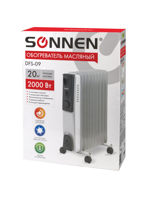 Обогреватель масляный SONNEN DFS-09, 2000 Вт, 9 секций, белый, 453499