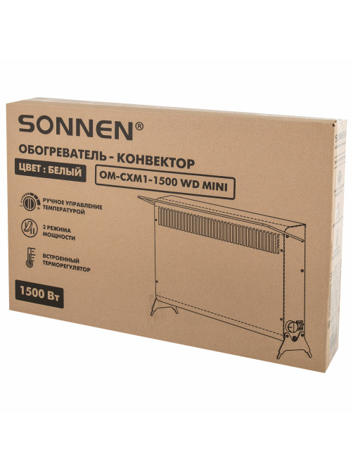 Обогреватель-конвектор SONNEN MINI-1500.2, 1500 Вт, вешалка, Х-образный нагревательный элемент, белый, сделано в России, 457631