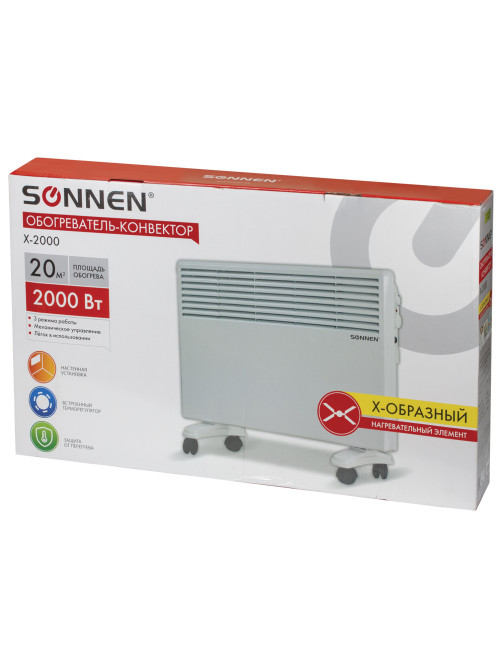 Обогреватель-конвектор SONNEN X-2000, 2000 Вт, напольная/настенная установка, белый, 453496