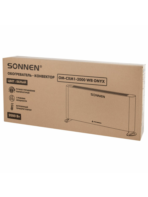 Обогреватель-конвектор SONNEN ONYX-2000.1, 2000 Вт, Х-образный нагревательный элемент, белый, сделано в России, 457630