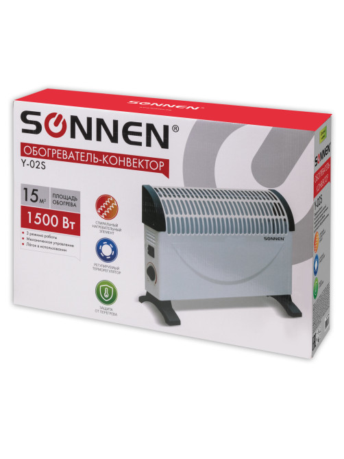 Обогреватель-конвектор SONNEN Y-02S, 1500 Вт, 3 режима работы, белый/черный, 453494