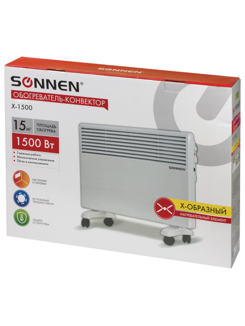 Обогреватель-конвектор SONNEN X-1500, 1500 Вт, напольная/настенная установка, белый, 453495