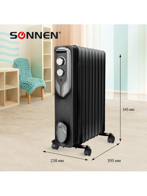 Обогреватель масляный SONNEN DFN-09BL, 2000 Вт, 9 секций, черный, 455311