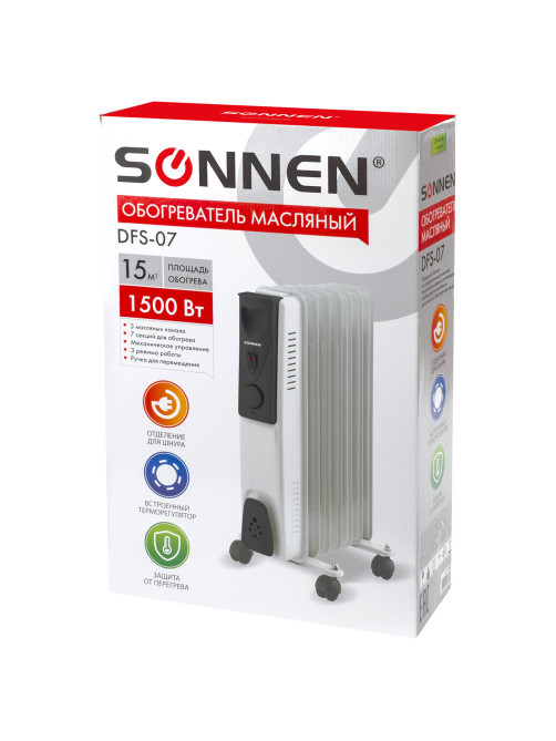 Обогреватель масляный SONNEN DFS-07, 1500 Вт, 7 секций, белый, 453498