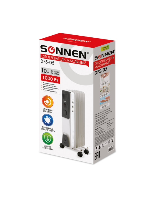 Обогреватель масляный SONNEN DFS-05, 1000 Вт, 5 секций, белый, 453497