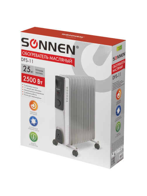 Обогреватель масляный SONNEN DFS-11, 2500 Вт, 11 секций, белый, 453500