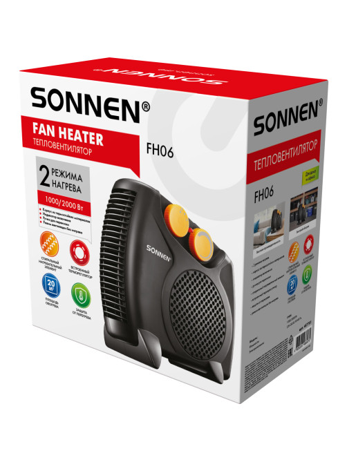 Тепловентилятор SONNEN FH06, 1000/2000 Вт, 2 режима нагрева, режим вентиляции, черный/оранжевый, 457781
