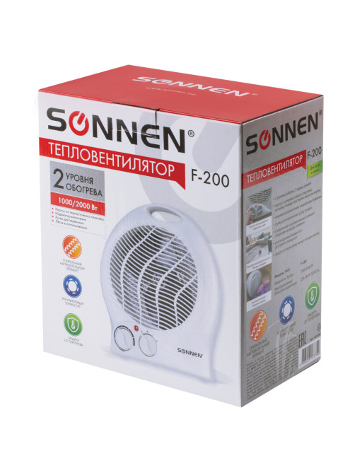 Тепловентилятор SONNEN F-200, 1000/2000 Вт, 2 режима работы, белый, 453493